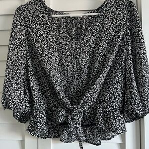 Sweet Rain Black and White Floral Tie-Front Blouse